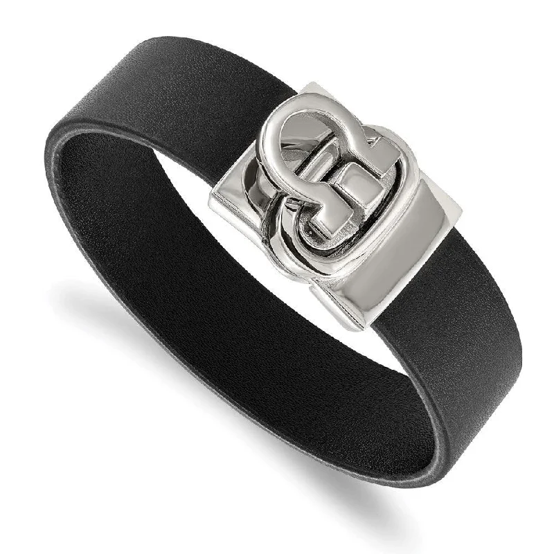 Natural Stone Bracelet-Stainless Steel Polished Black Leather Bracelet