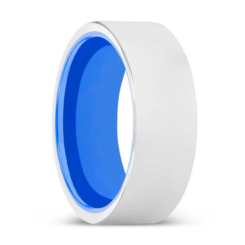 CLIVE | Blue Ring, Silver Tungsten Ring, Shiny, Flat