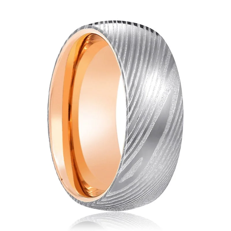 STORM | Rose Gold Ring, Silver Damascus Steel, Domed