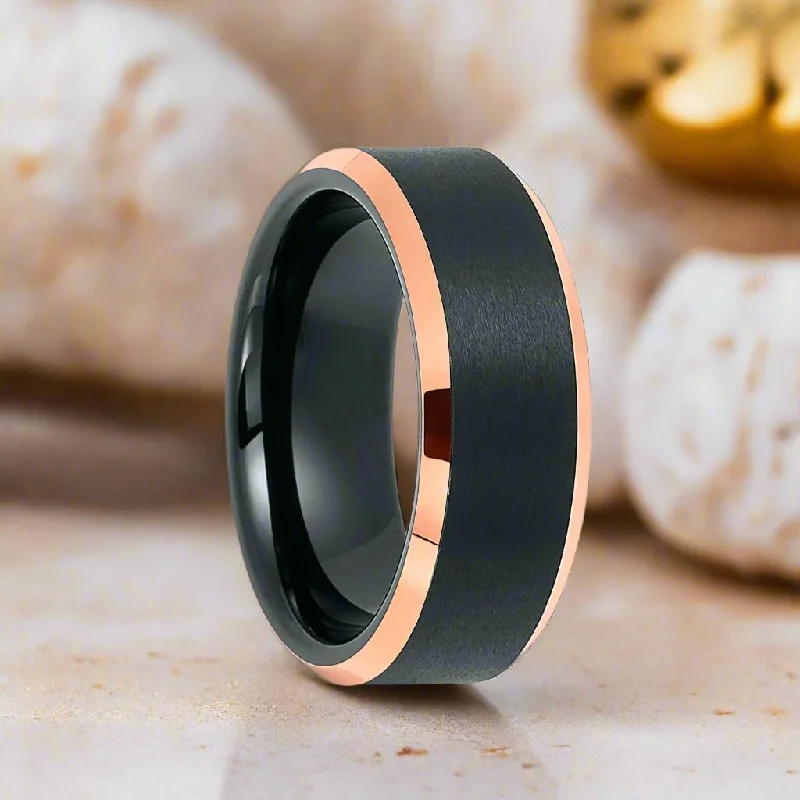 LEONARD | Black Tungsten Ring, Brushed, Rose Gold Beveled