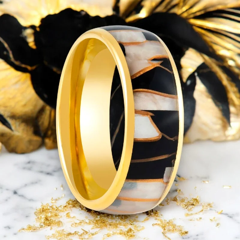 SHAVOGOLD | Gold Tungsten Ring, Black Resin & Gold Shavings Inlay, Domed