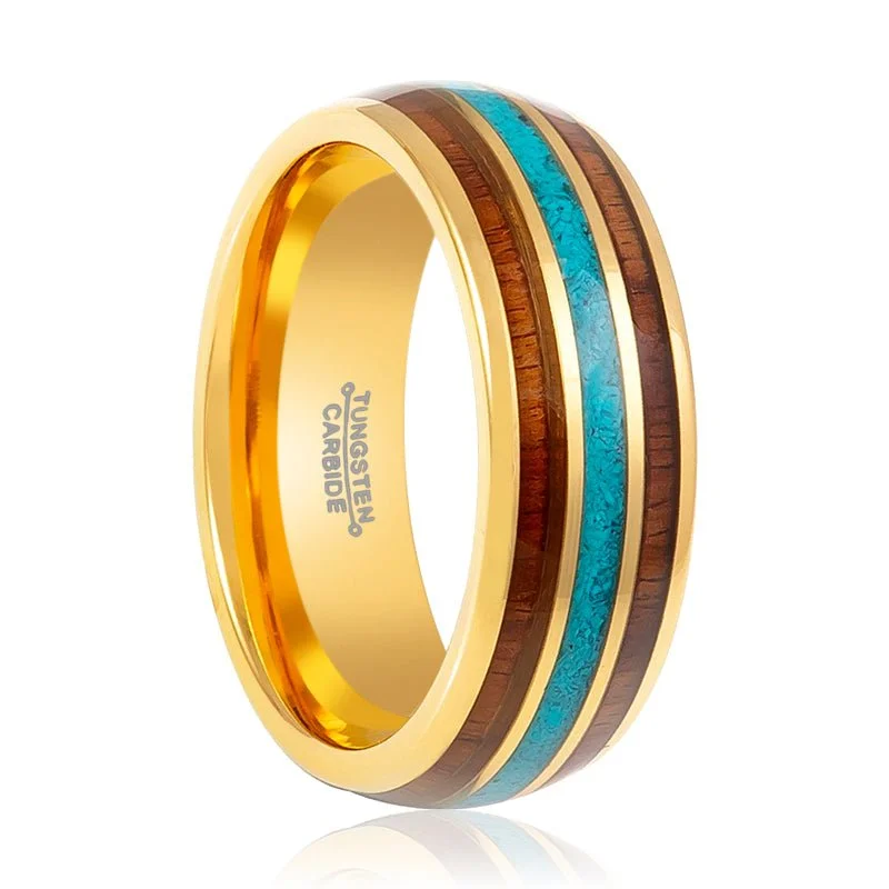 GUNNAR | Gold Tungsten Ring, Rosewood & Crushed Turquoise Inlay, Domed