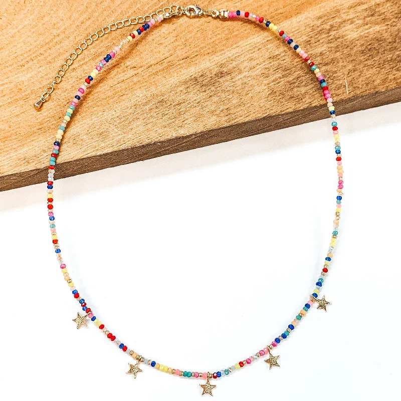 Chunky Necklace for Women-Beaded Necklace with Gold Star Charms in Neon Multi