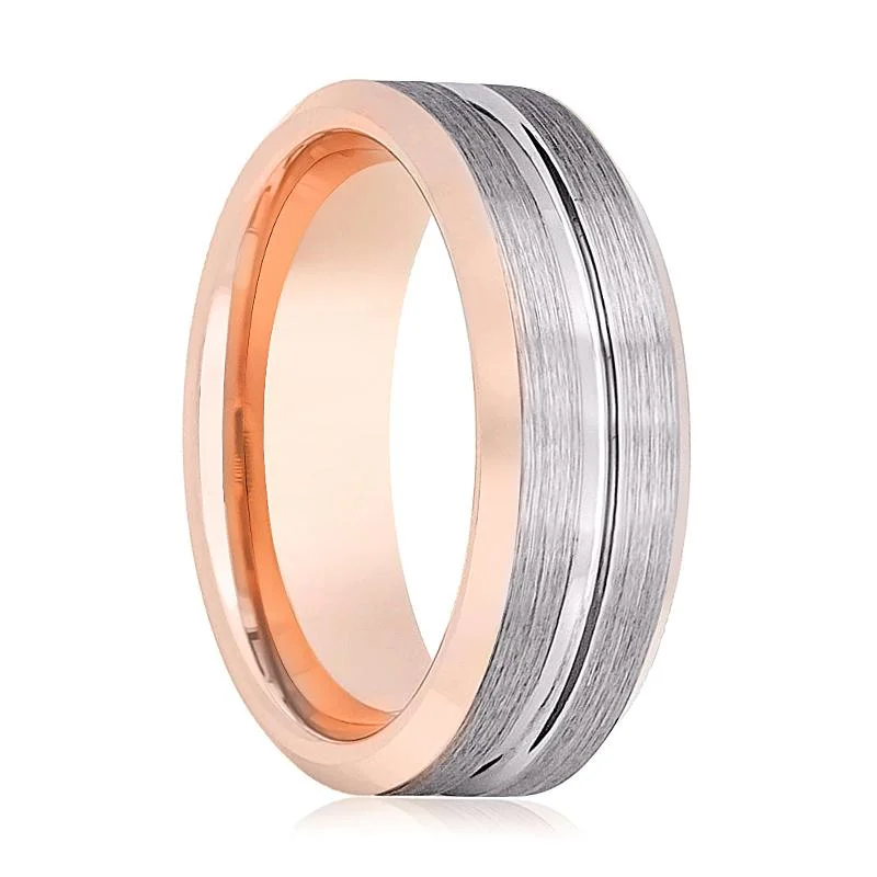 LEONINE | Rose Gold Tungsten Ring, Brushed, Grooved, Beveled Edge