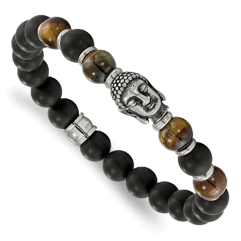 Statement Gemstone Bracelet-Stainless Steel Buddha Black Agate Tiger Eye Beaded Stretch Bracelet