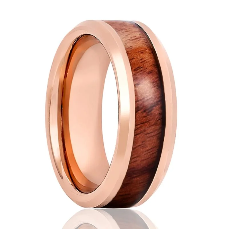 RUSTIC | Rose Gold Tungsten Ring, Koa Wood Inlay, Beveled