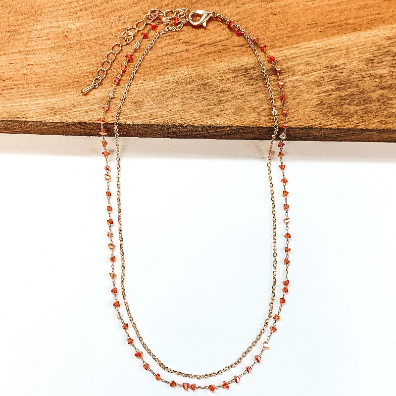 Pearl Necklace for Wedding-Two Strand Gold Chain and Bead Necklace in Rust