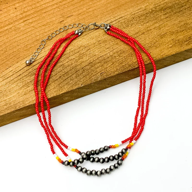 Silver Choker Necklace-Aztec Seed Beaded Three Strand Choker Necklace with Silver Beads in Red