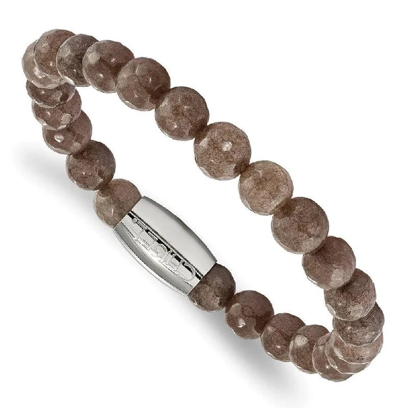 Leather Friendship Bracelet-Stainless Steel Polished Brown Jade Bead Stretch Bracelet