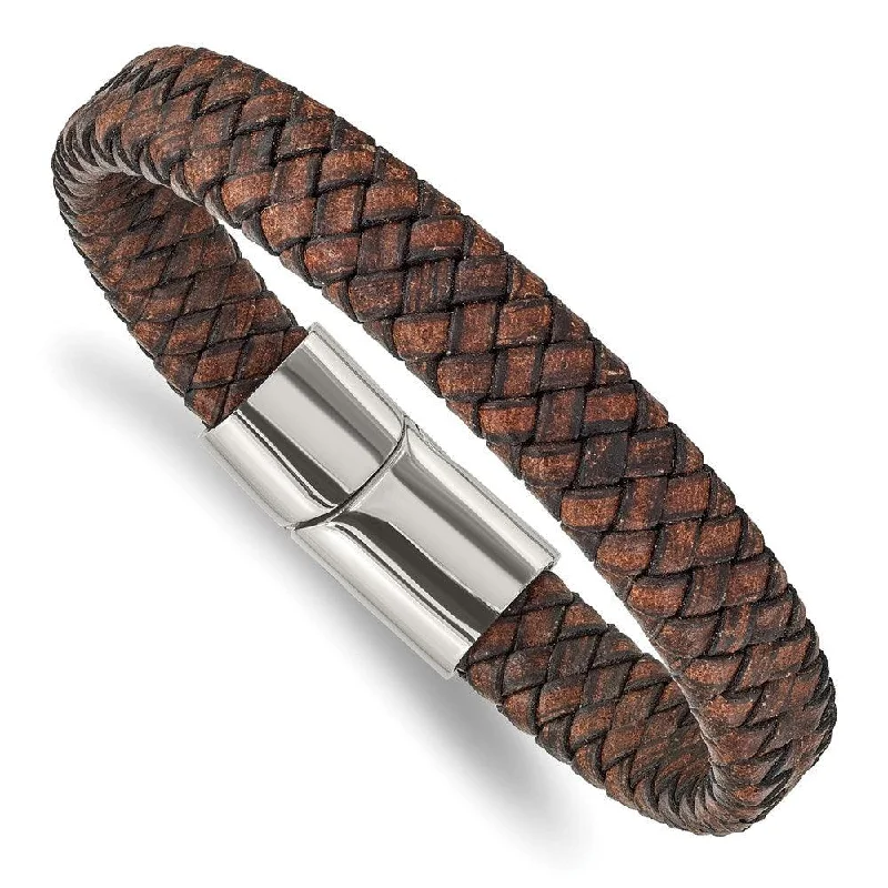 Colorful Stretch Bead Bracelet-Stainless Steel Polished Brown Leather 11.50mm 8.5in Bracelet