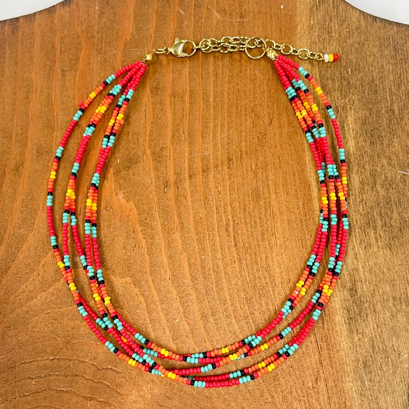 Elegant Crystal Necklace-Aztec Seed Beaded Layered Choker Necklace in Red Multicolor